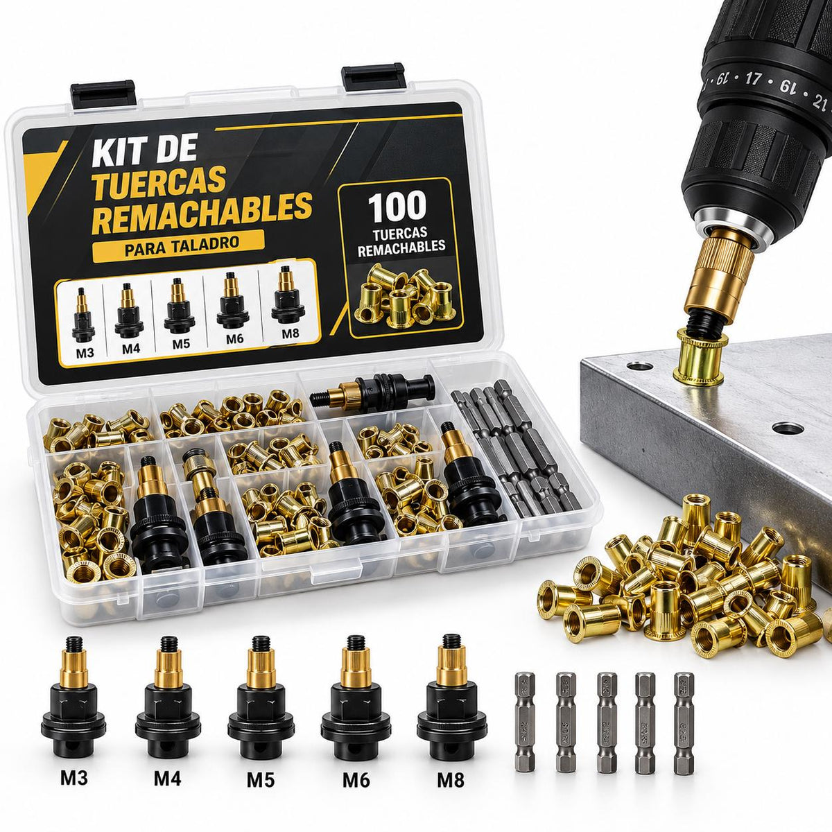 TORNIX™ — Kit de Tuercas Remachables para Taladro | 5 medidas M3–M8 + 100 tuercas