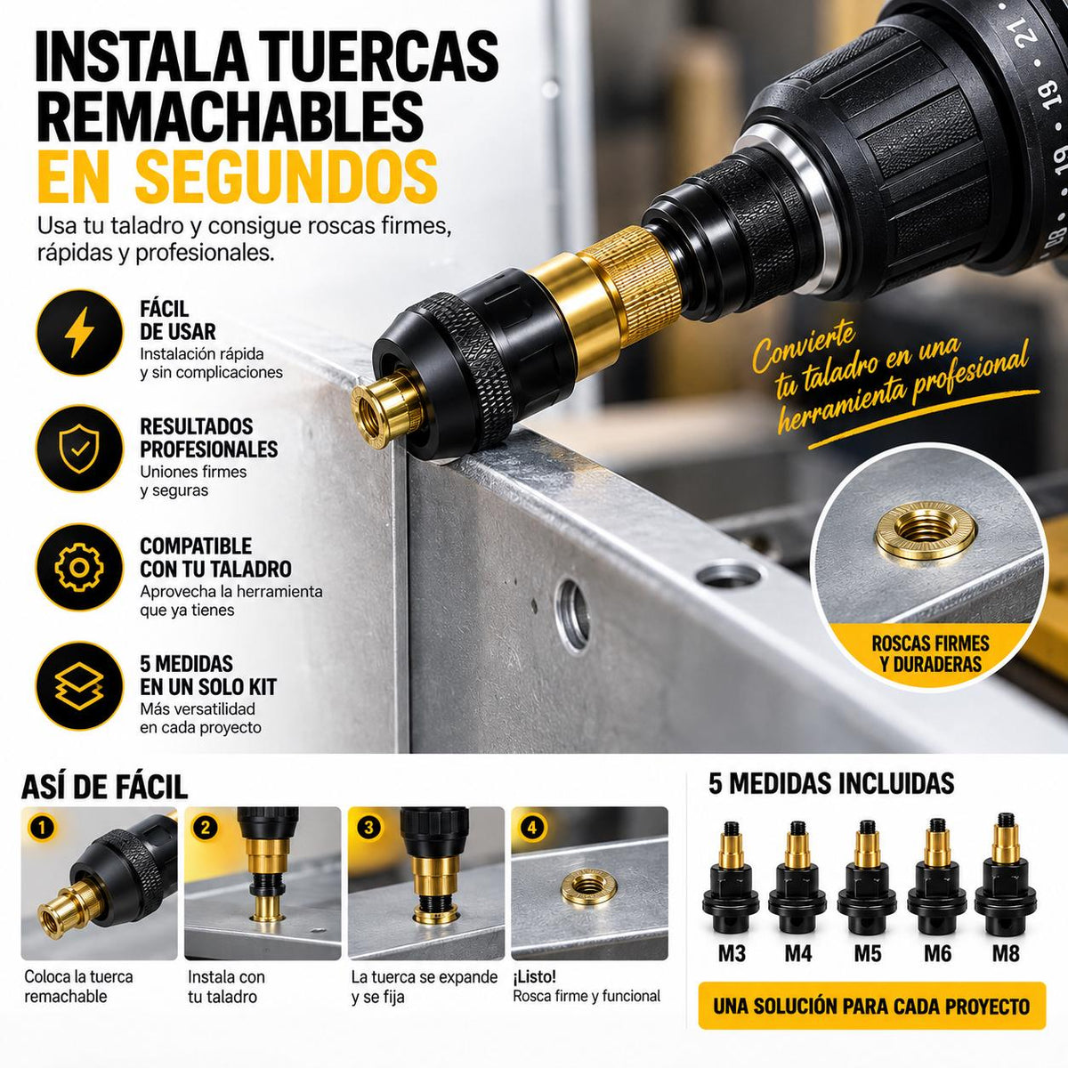 TORNIX™ — Kit de Tuercas Remachables para Taladro | 5 medidas M3–M8 + 100 tuercas