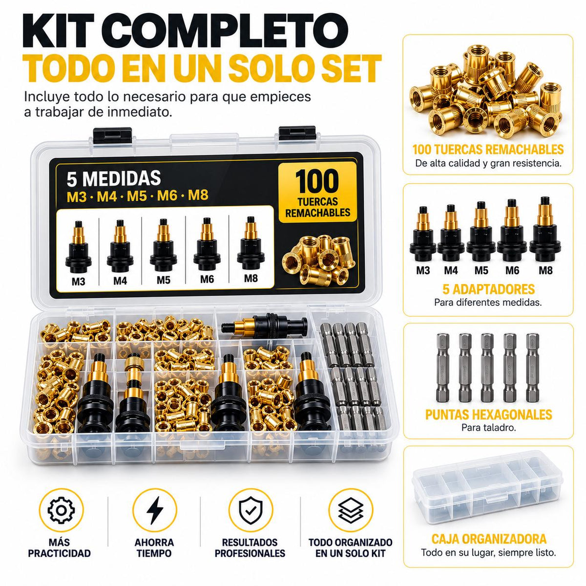 TORNIX™ — Kit de Tuercas Remachables para Taladro | 5 medidas M3–M8 + 100 tuercas