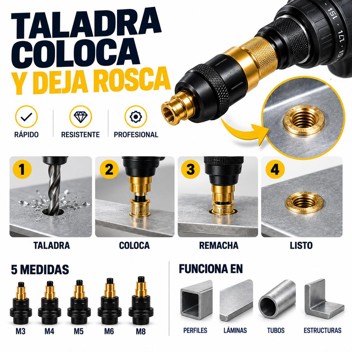 TORNIX™ — Kit de Tuercas Remachables para Taladro | 5 medidas M3–M8 + 100 tuercas