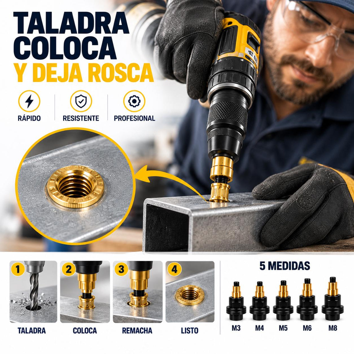 TORNIX™ — Kit de Tuercas Remachables para Taladro | 5 medidas M3–M8 + 100 tuercas
