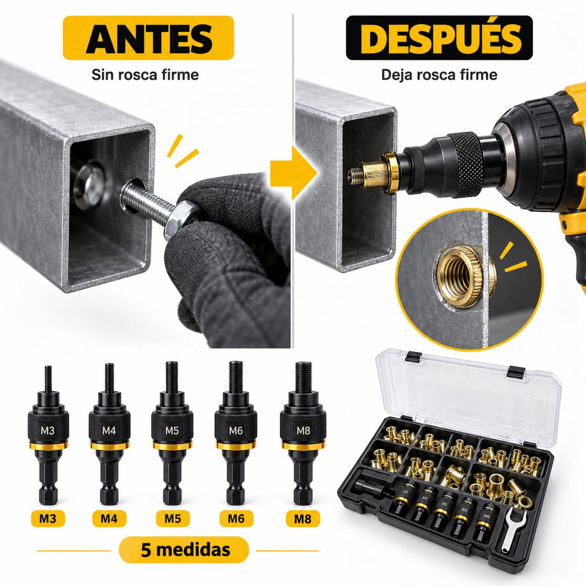 TORNIX™ — Kit de Tuercas Remachables para Taladro | 5 medidas M3–M8 + 100 tuercas