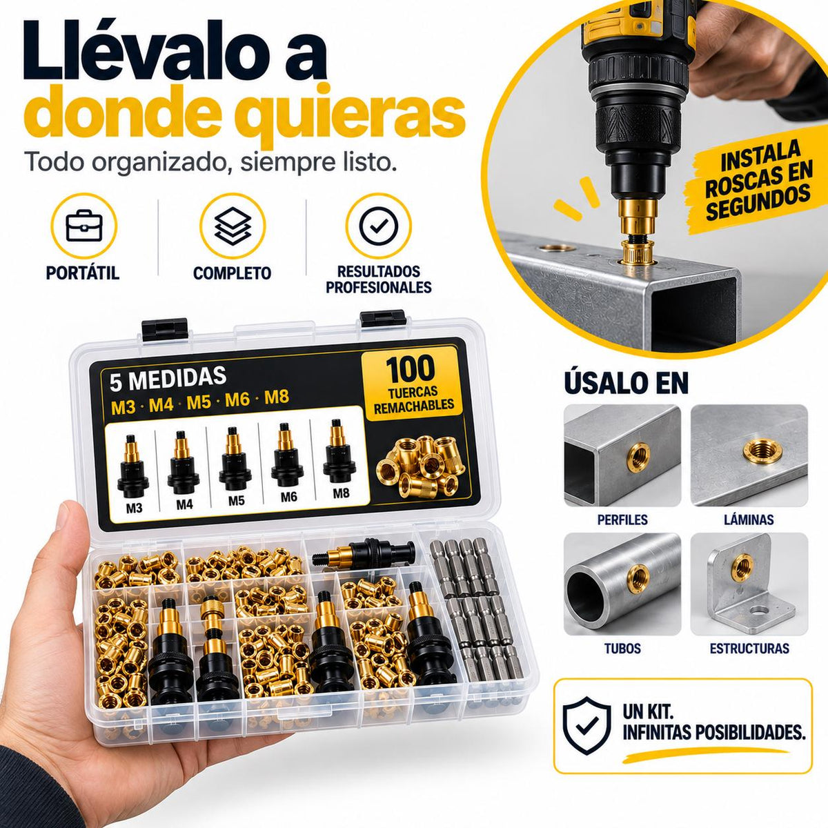 TORNIX™ — Kit de Tuercas Remachables para Taladro | 5 medidas M3–M8 + 100 tuercas